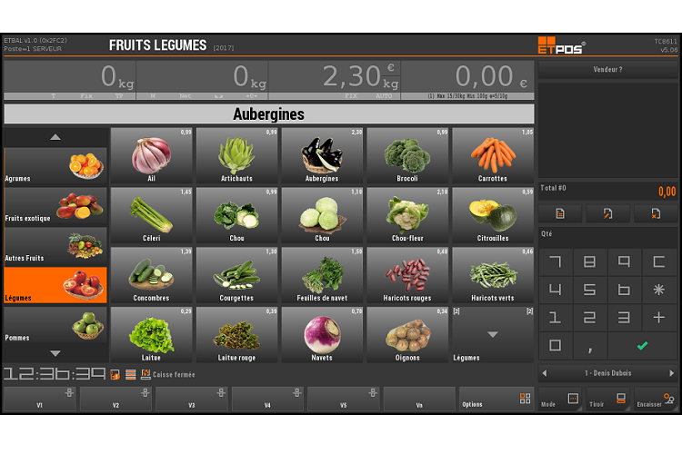 EtPos logiciel de vente à destination des magasins alimentations, boulangeries, épiceries, vétements, chaussures.  exemple d'écran